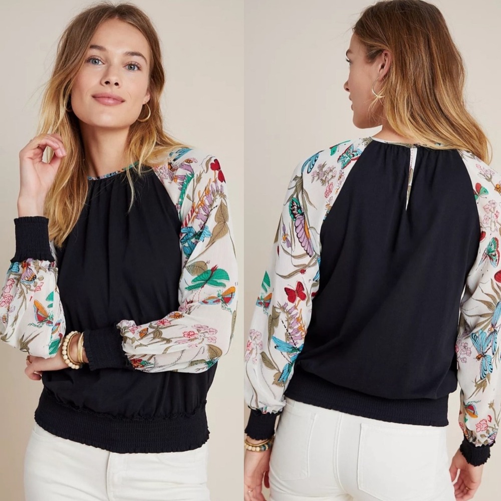 Anthropologie Tiny‎ Dawn Smocked Butterfly Print Top XS Black Sheer Sleeves Boho